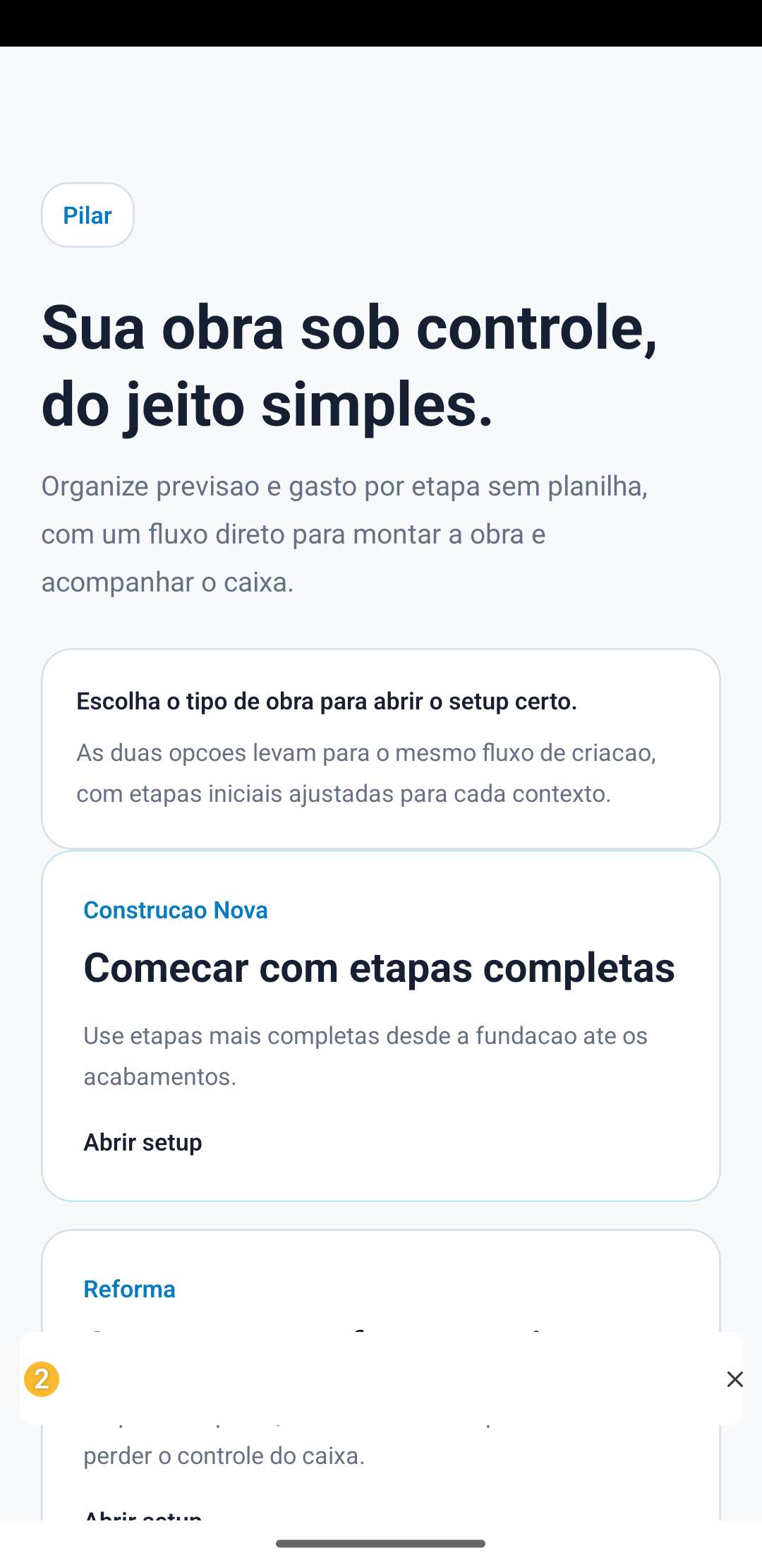 Tela de onboarding do Pilar para escolher o tipo de obra